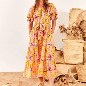 FARM Rio Blush Yellow Banana Taste Tropical Print Midi Dress